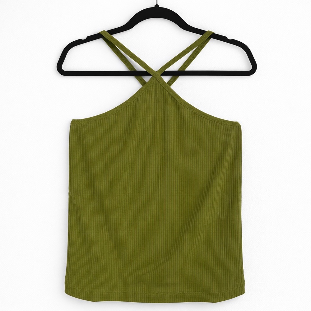 CAbi Avocado Intersect Tank Halter Y2K 90s Olive Ribbed Camisole Top size medium